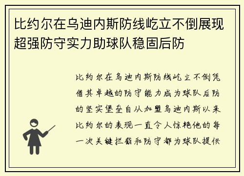 比约尔在乌迪内斯防线屹立不倒展现超强防守实力助球队稳固后防